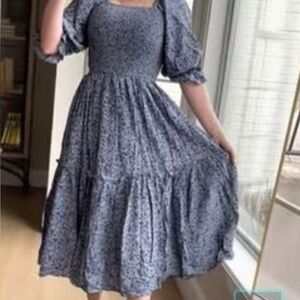 Ivy City Co Blue Floral Smocked Midi Dress